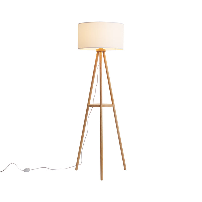 QAZQA Scandinavische vloerlamp hout met stoffen kap wit - Lou
