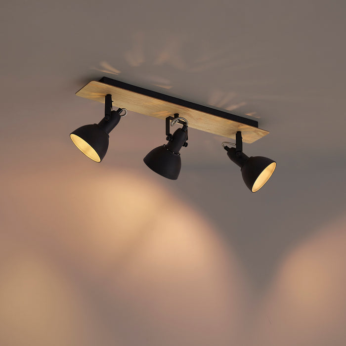 QAZQA Plafondspot zwart met hout 3-lichts draai- en kantelbaar -