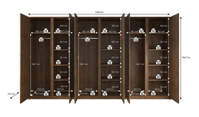 Meubella - Kledingkast Malibu - Eiken - 339 cm - Met spiegel