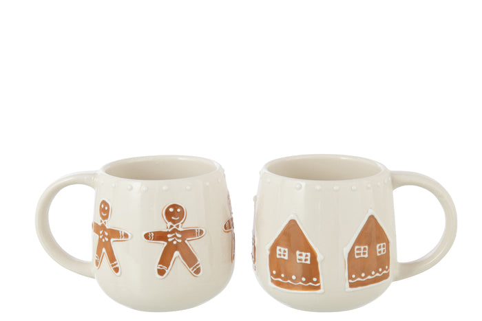 J-Line mok Cookie - keramiek - bruin|wit - 2 stuks