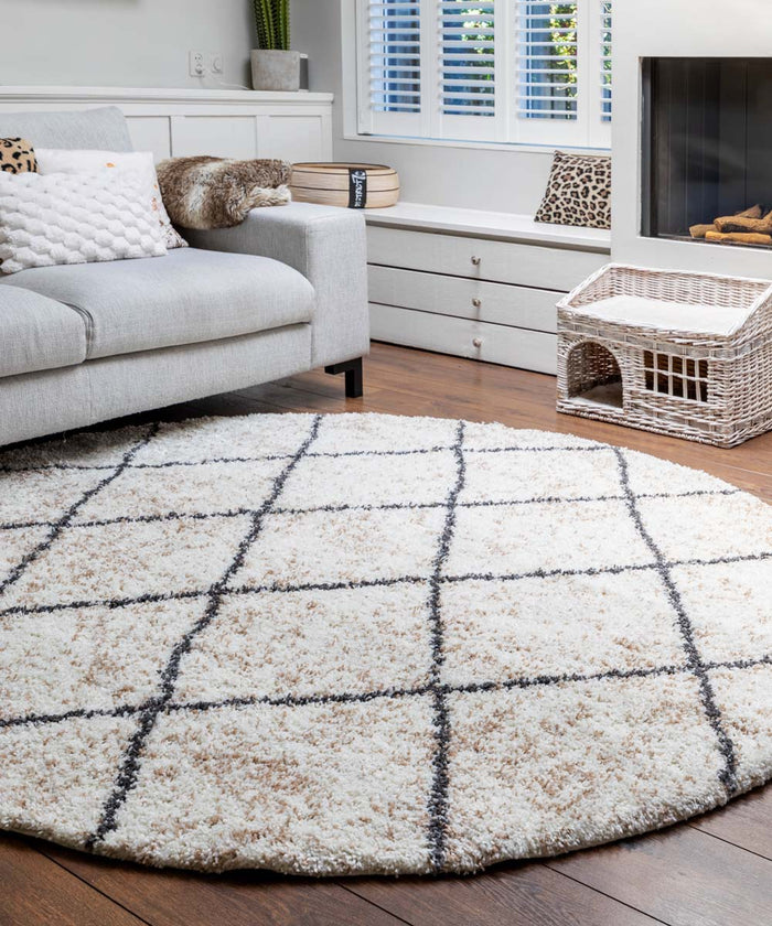 Boho&me Rond hoogpolig vloerkleed geruit Artisan - wit|grijs - 120 cm