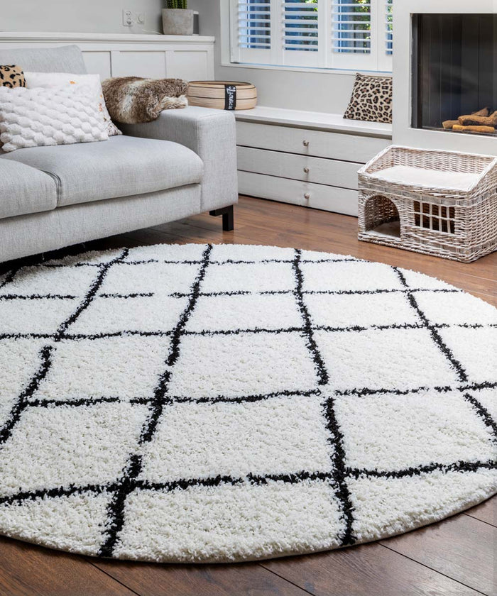 Boho&me Rond hoogpolig vloerkleed ruiten Habitat - wit|zwart - 80 cm