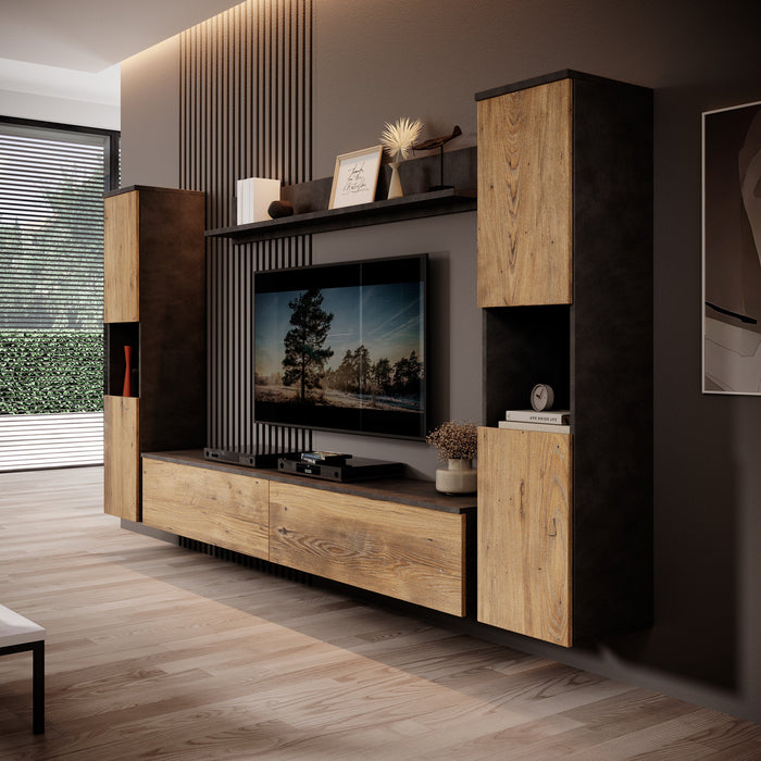 Meubella - Pure XL - Wandmeubel - Eiken|Grijs - 180x33x130 cm