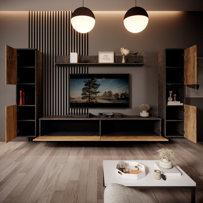 Meubella - Pure XL - Wandmeubel - Eiken|Grijs - 180x33x130 cm