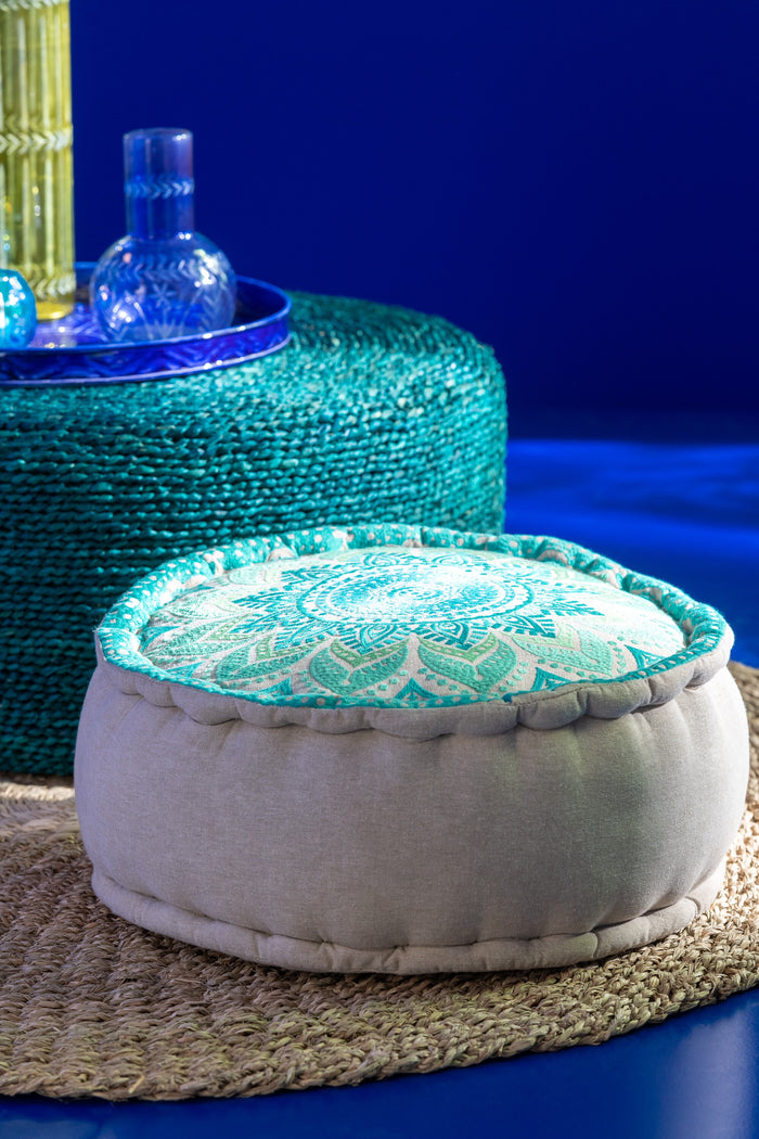 J-Line poef Rond Bloem - katoen - turquoise|blauw - 2 stuks
