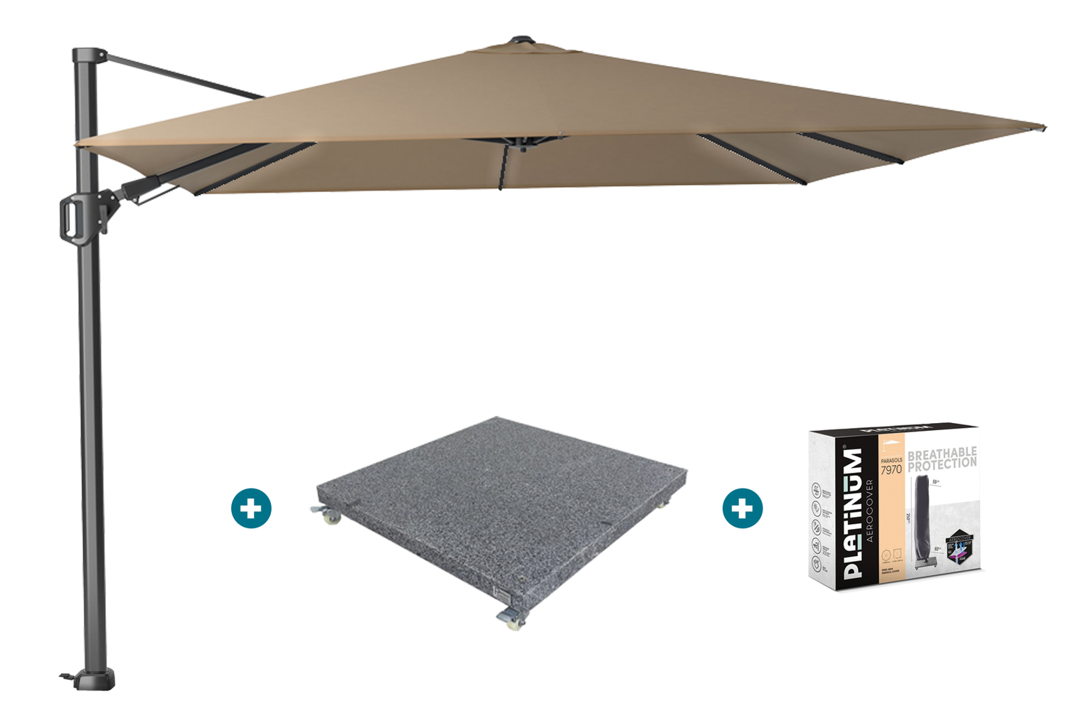 Platinum Challenger T2 3x3 m. parasol Taupe met voet en hoes