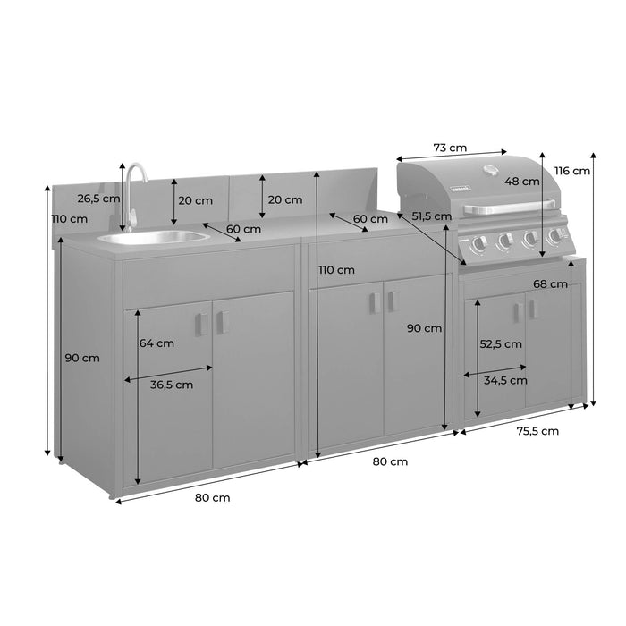 sweeek - Stalen buitenkeuken 3 modules met gasbarbecue 4 branders