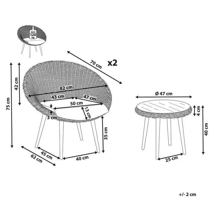Beliani - ORTIGIA - Bistroset voor 2 - Natuurlijk - PE rotan