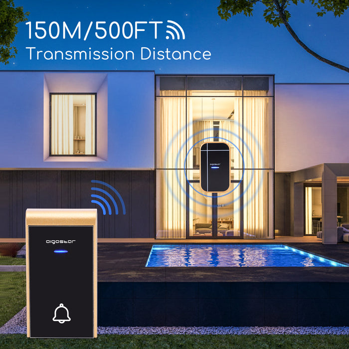 Aigostar Draadloze Deurbel  - Plug&Play 3 Regelbaar volume -Zwart|Goud