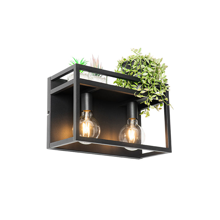 QAZQA Industriële wandlamp zwart met rek 2-lichts - Cage Rack
