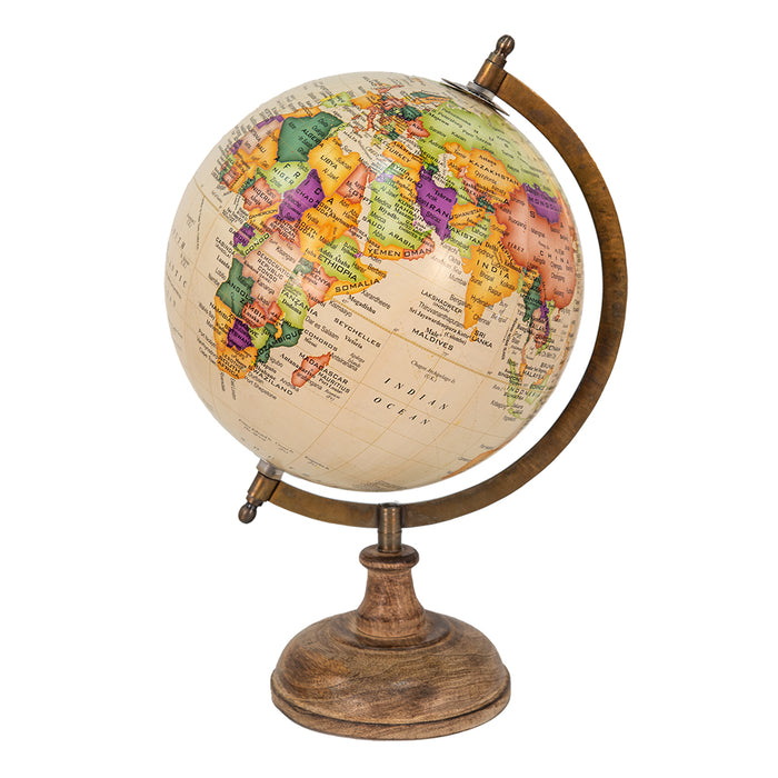 Clayre & Eef Wereldbol  22x37 cm Beige Bruin Hout Ijzer Rond Globe