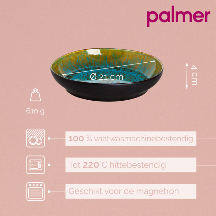 Palmer Bord diep Lotus 21 cm Turquoise Zwart Stoneware 4 stuks