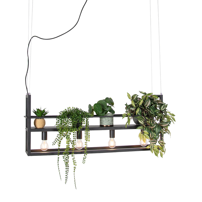 QAZQA Industriële hanglamp zwart met 4-lichts rek - Cage Rack