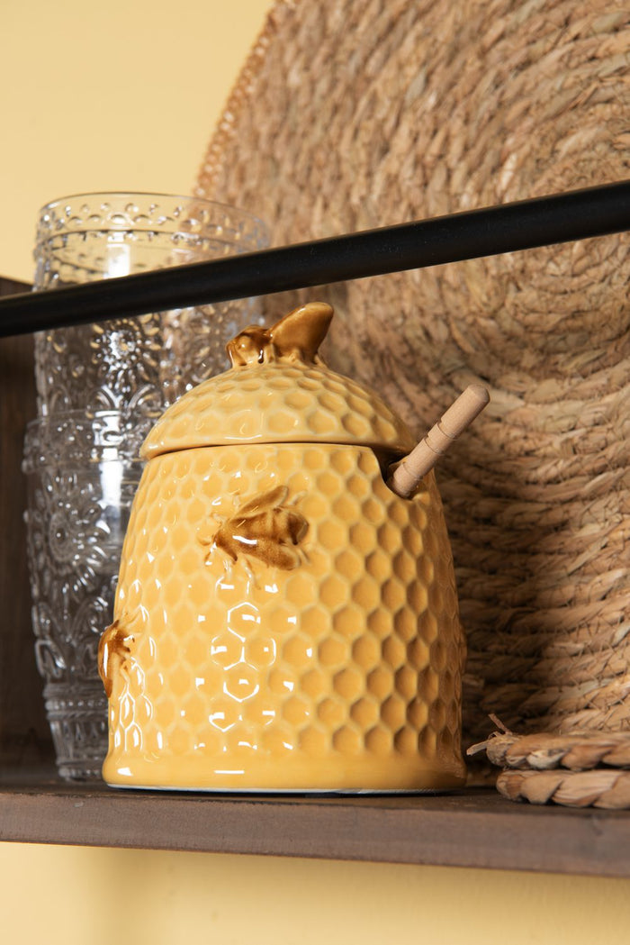 Clayre & Eef Honingpot met Lepel  Ø 11x14 cm Geel Keramiek Rond Bijen