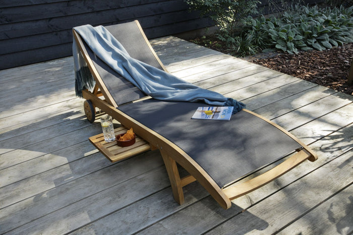 WOOOD Caldo Sunlounger Outdoor Loungebed Teakhout - Zwart Textileen