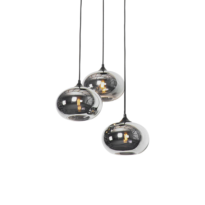 QAZQA Art Deco hanglamp zwart met smoke glas rond 3-lichts- Busa