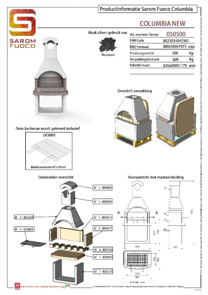 Sarom Fuoco - Betonnen barbecue - Columbia - 88 x 58 x 197,3 cm