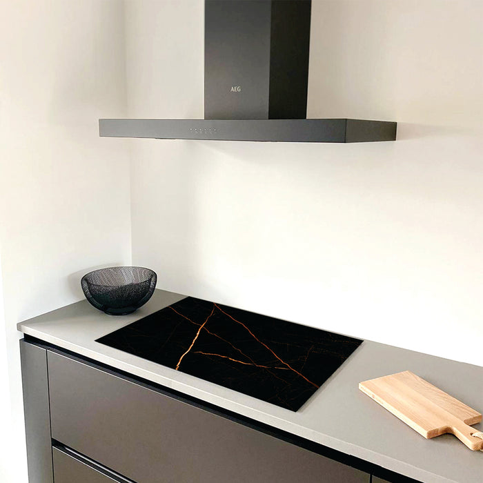 Inductie Beschermer - Exclusief - Marmer Zwart Koper Print - 90x52cm