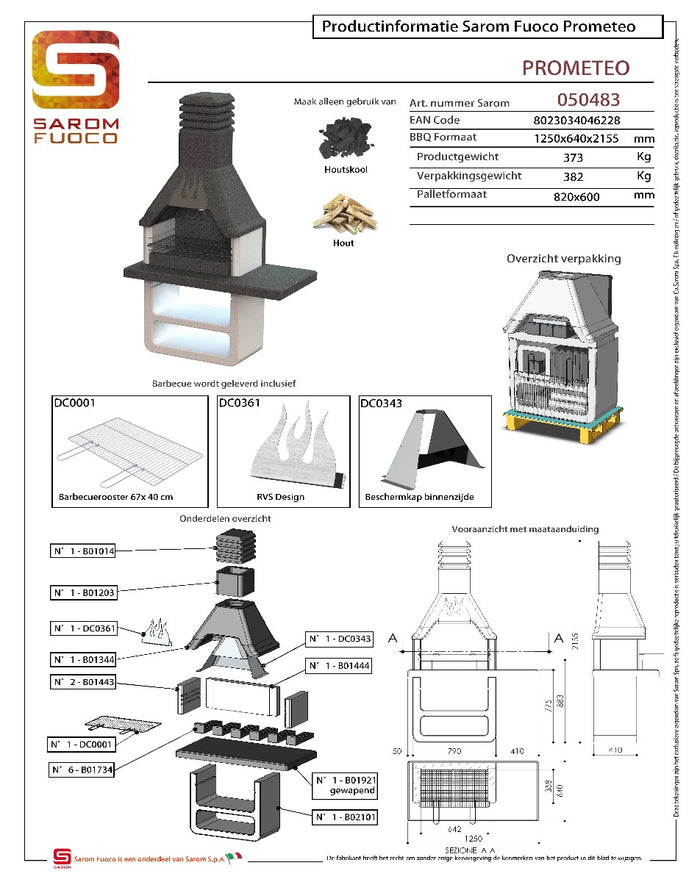 Sarom Fuoco - Betonnen barbecue - Prometeo - 125 x 64 x 215,5 cm