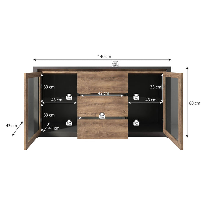 Meubella - Dressoir Monaco - Eiken - Grijs - 140 cm - Met glas
