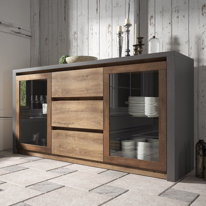 Meubella - Dressoir Monaco - Eiken - Grijs - 140 cm - Met glas