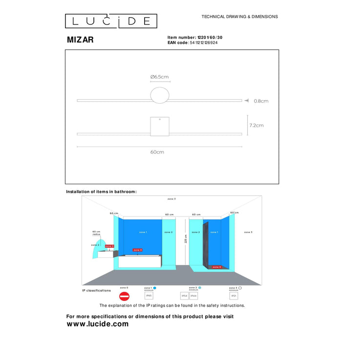 Lucide MIZAR - Wandlamp Badkamer - LED - 1x6W 2700
