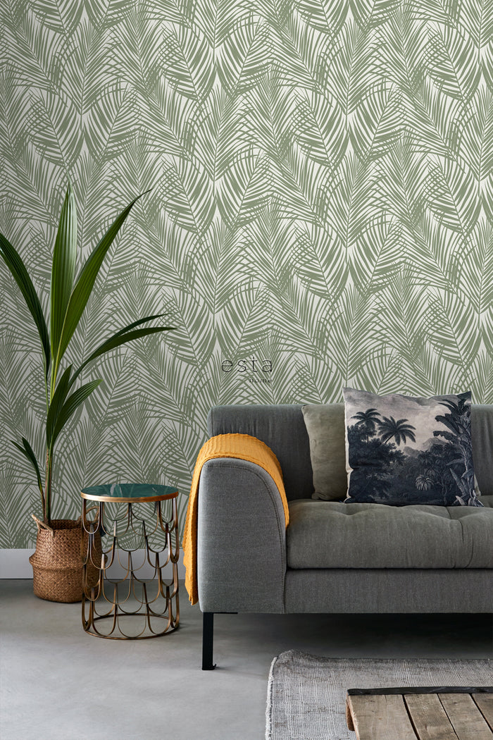 ESTAhome behang palmbladeren vergrijsd olijfgroen - 0,53 x 10,05 m - 1