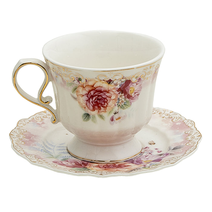 Clayre & Eef Kop en schotel  200 ml Beige Roze Porselein Rond Bloemen