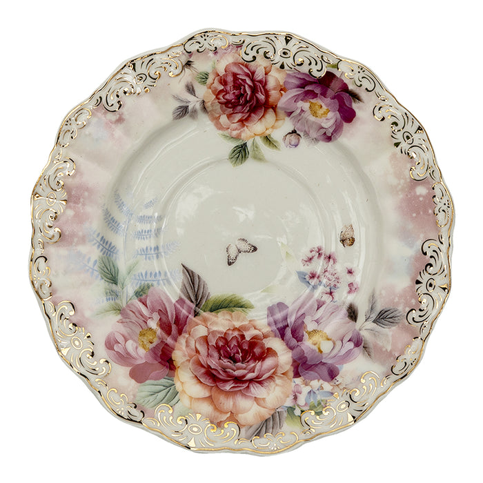 Clayre & Eef Kop en schotel  200 ml Beige Roze Porselein Rond Bloemen