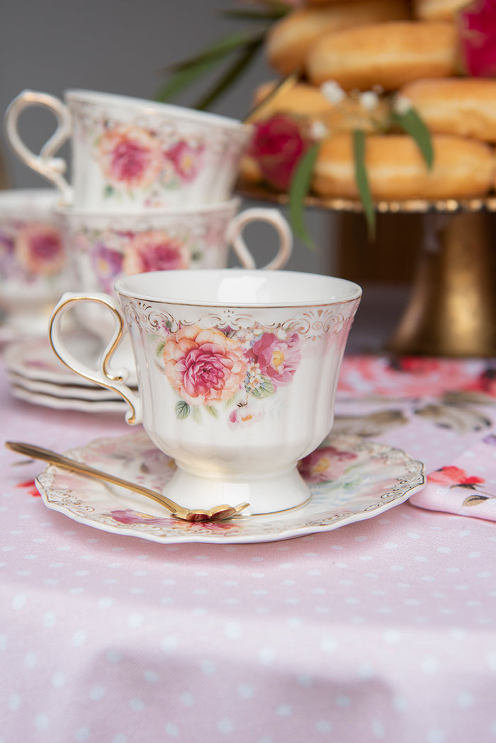 Clayre & Eef Kop en schotel  200 ml Beige Roze Porselein Rond Bloemen