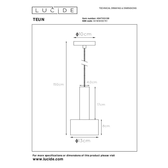 Lucide TEUN Hanglamp 1xE27 - Zwart