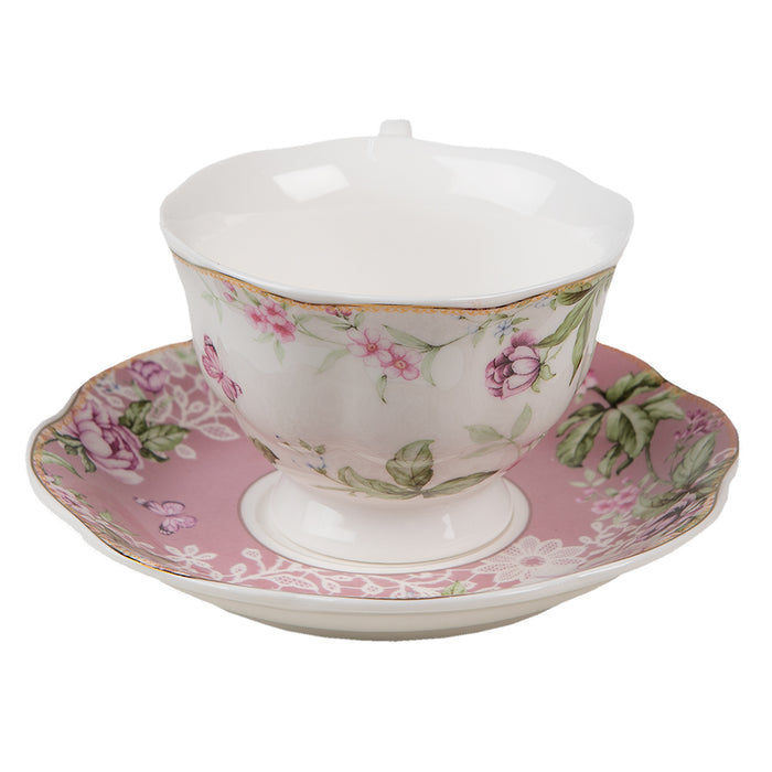 Clayre & Eef Kop en schotel set van 6 220 ml Wit Roze Porselein