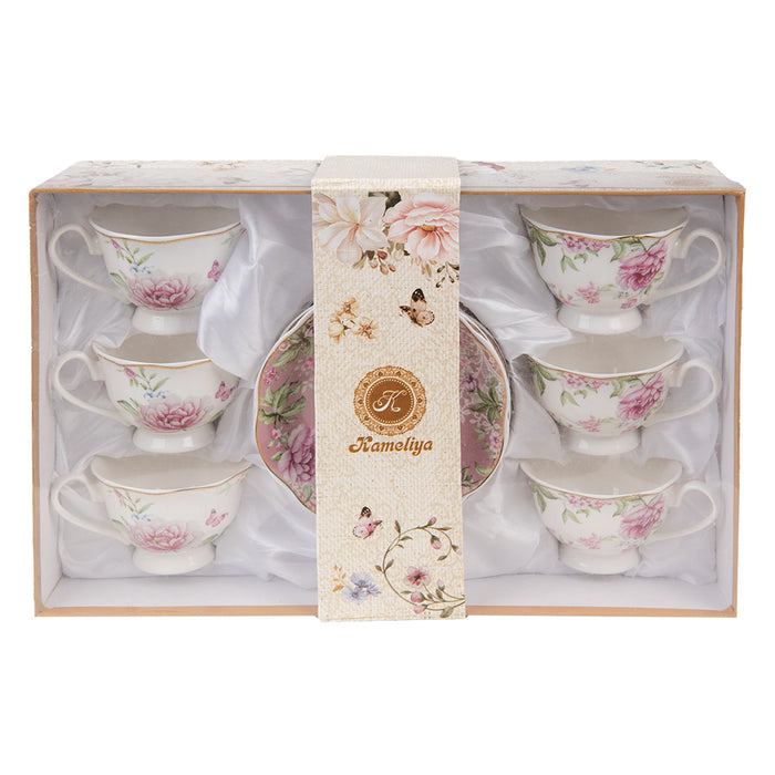 Clayre & Eef Kop en schotel set van 6 220 ml Wit Roze Porselein