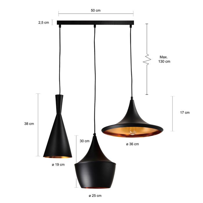 QUVIO Hanglamp 3-lichts verschillende kappen - QUV5059L-BLACK