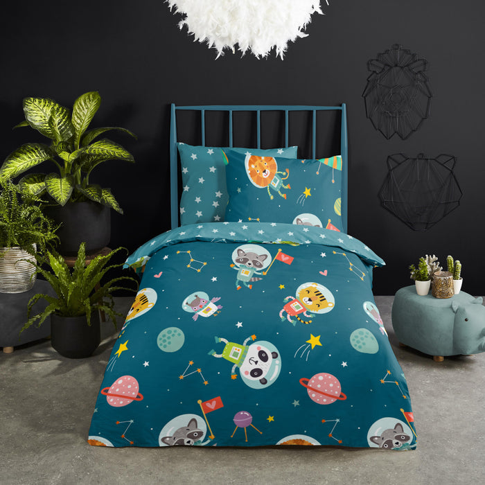 Good Morning Spacy Kinder Dekbedovertrek 140 x 220 cm - Petrol
