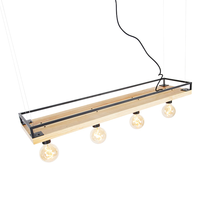 QAZQA Industriële hanglamp zwart met hout 4-lichts - Shelf