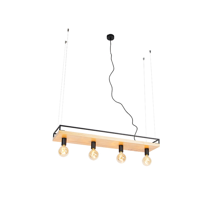 QAZQA Industriële hanglamp zwart met hout 4-lichts - Shelf