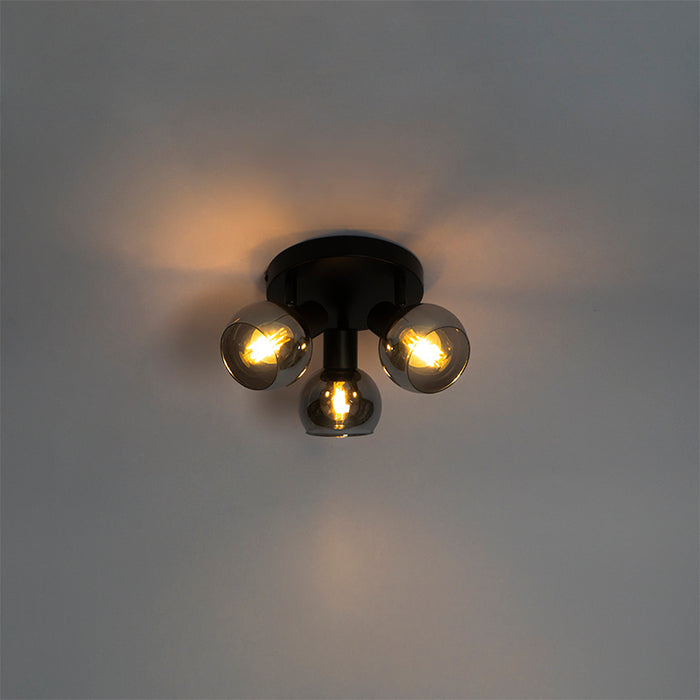 QAZQA Plafondspot zwart met smoke glas 3-lichts - Vidro
