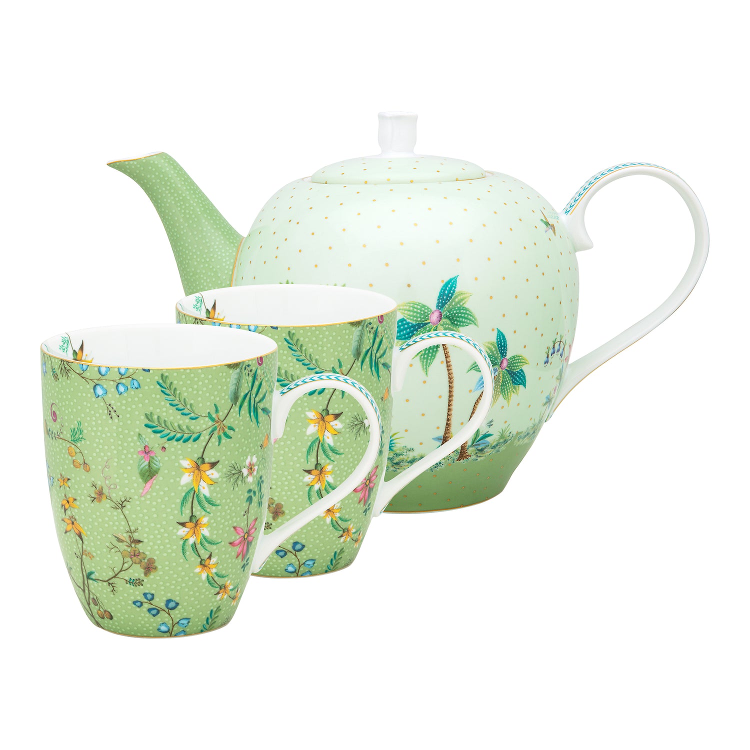 Pip Studio Jolie Flowers Theeset Large - Set van 3 - Groen