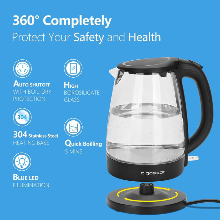 Aigostar Adam 30GOM - Glazen Waterkoker met LED - Zwart