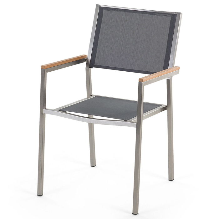 Beliani-GROSSETO -Tuinset voor 8-Licht hout|Zwart-Eucalyptushout|RVS