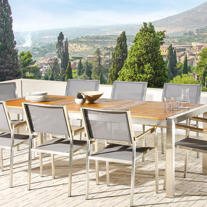 Beliani-GROSSETO -Tuinset voor 8-Licht hout|Zwart-Eucalyptushout|RVS