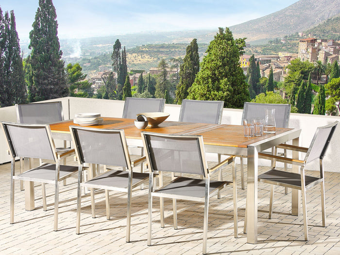 Beliani-GROSSETO -Tuinset voor 8-Licht hout|Zwart-Eucalyptushout|RVS