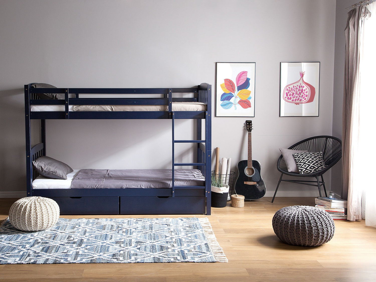 Beliani-REVIN -Stapelbed met opbergruimte-Blauw-90 x 200 cm-Dennenhout
