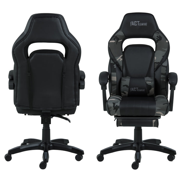 Hioshop Canie gamestoel met voetsteun, camouflagegrijs en zwart.