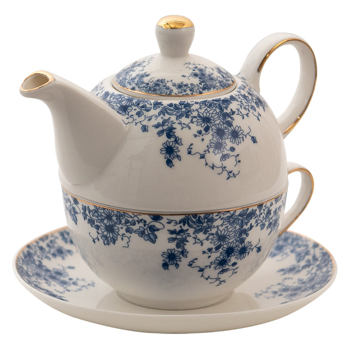 Clayre & Eef Tea for One  400 ml Blauw Porselein Bloemen Theepot set