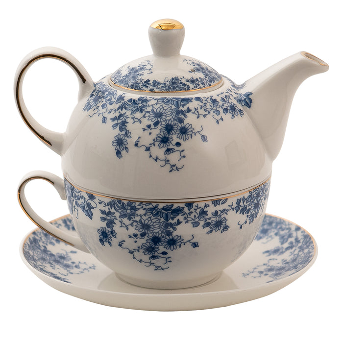 Clayre & Eef Tea for One  400 ml Blauw Porselein Bloemen Theepot set