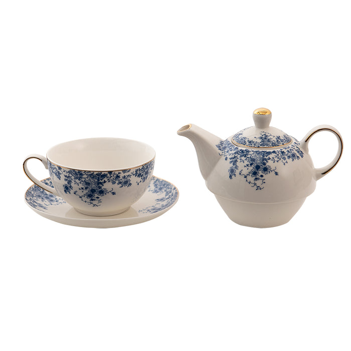 Clayre & Eef Tea for One  400 ml Blauw Porselein Bloemen Theepot set