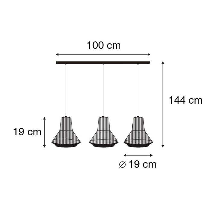 QAZQA Landelijke hanglamp zwart met touw 19 cm 3-lichts - Jenthe