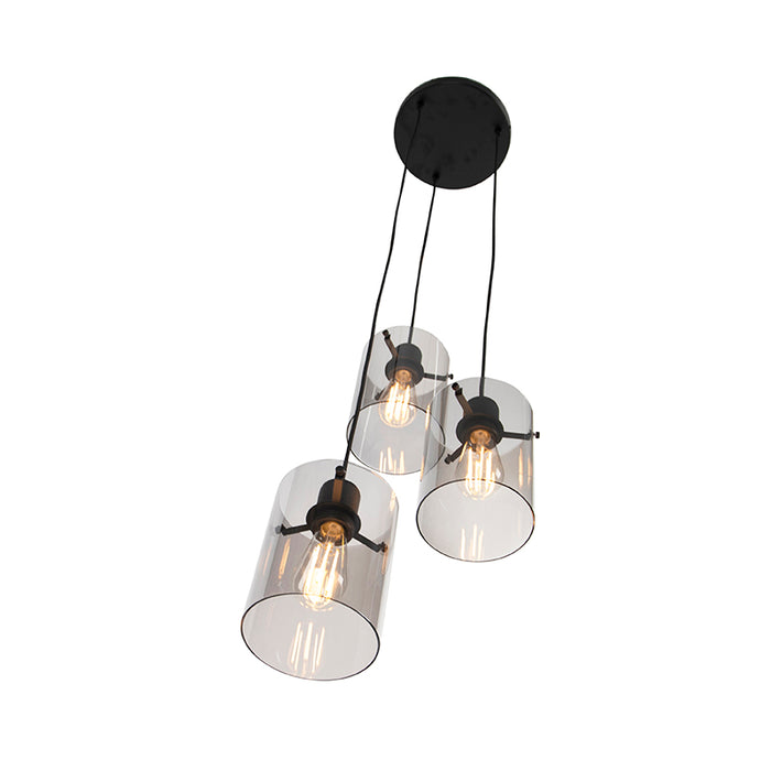 QAZQA Design hanglamp zwart met smoke glas 3-lichts - Dome
